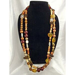 Boho Wood Necklace Chunky Bead Natural Tone Double Strand 16 inch Drop Vintage
